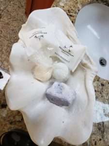 Shell bathroom soap and bath salts display piece. Decorative.