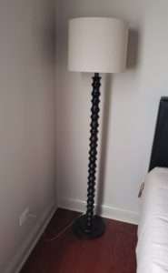 Tall floor lamp with matching desk lamp. Brown wood with linen lamp shade.