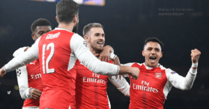 Royalty-free stock photo ID: 1709246014Mesut Ozil of Arsenal and Guilherme of Olympiacos - Arsenal v Olympiacos, UEFA Europa League - Round of 32 Second Leg, Emirates Stadium, London, UK - 27th February 2020