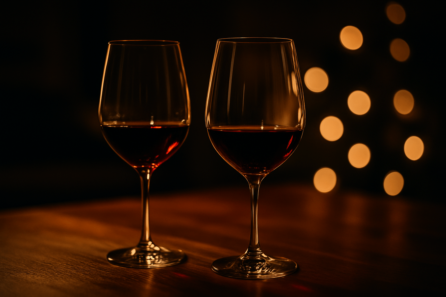 Two wine glasses on a table after a dinner party, with warm candle-like light and soft bokeh.