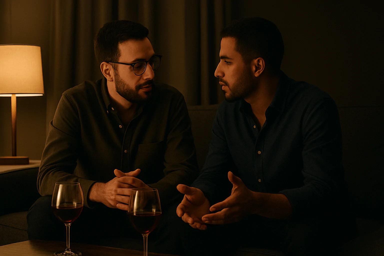 Two men decompressing on a sofa after a dinner party, talking softly with warm lamp light.